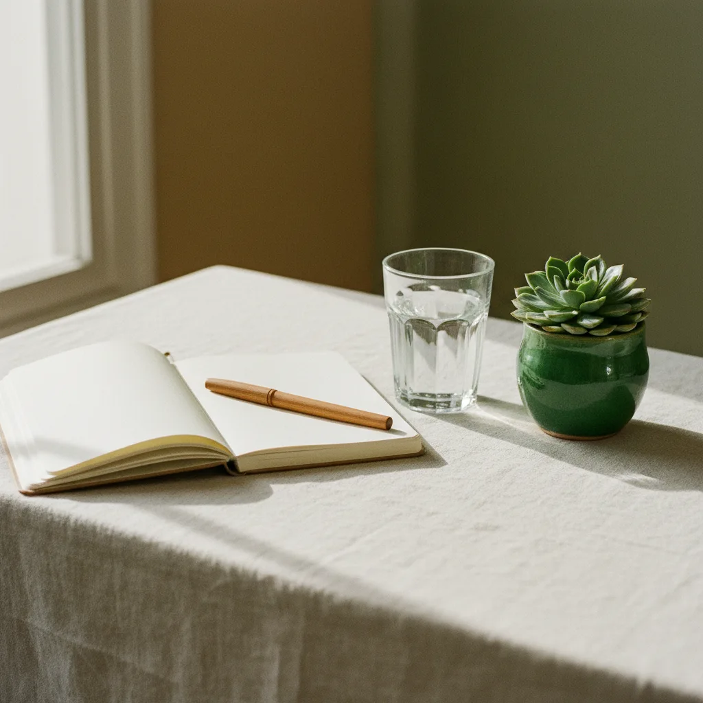A calm tidy workspace with a notebook, a glass of water, and a small potted plant on a light wooden desk