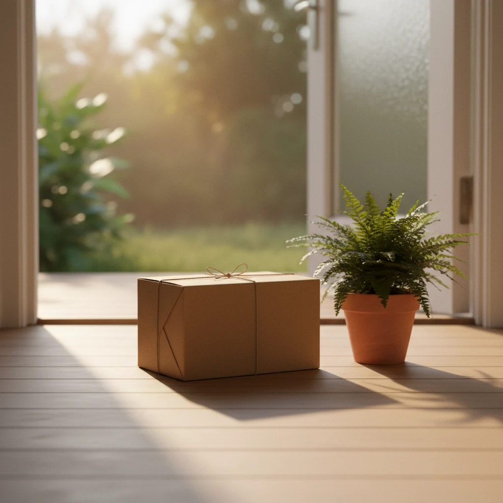 A neatly sealed kraft paper parcel on a wooden doorstep - representing ZenithFlow Strength Care delivery