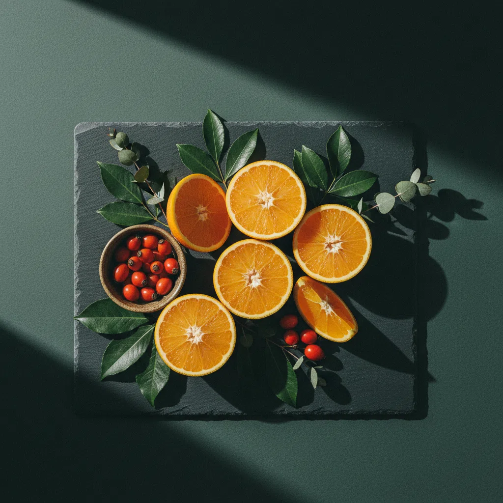 ZenithFlow Strength Care - botanical ingredient still life with capsules on a dark forest-green surface