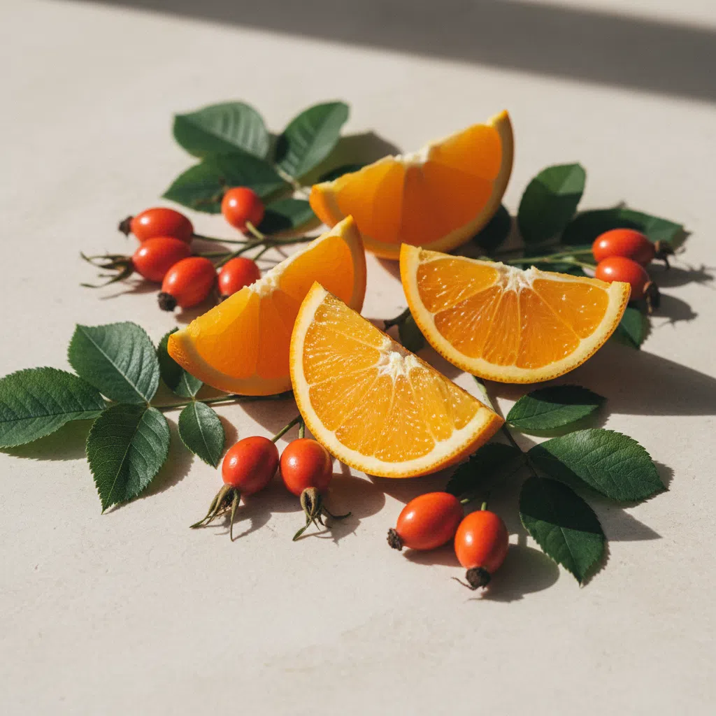 Fresh citrus fruits, rosehip berries, and green leaves on a dark stone surface - natural ingredient still life