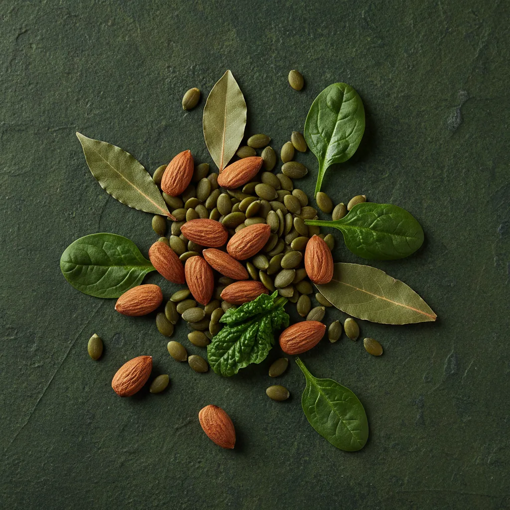 Mixed nuts, pumpkin seeds, and dark leafy greens in ceramic bowls on a wooden surface - Magnesium and Zinc natural sources
